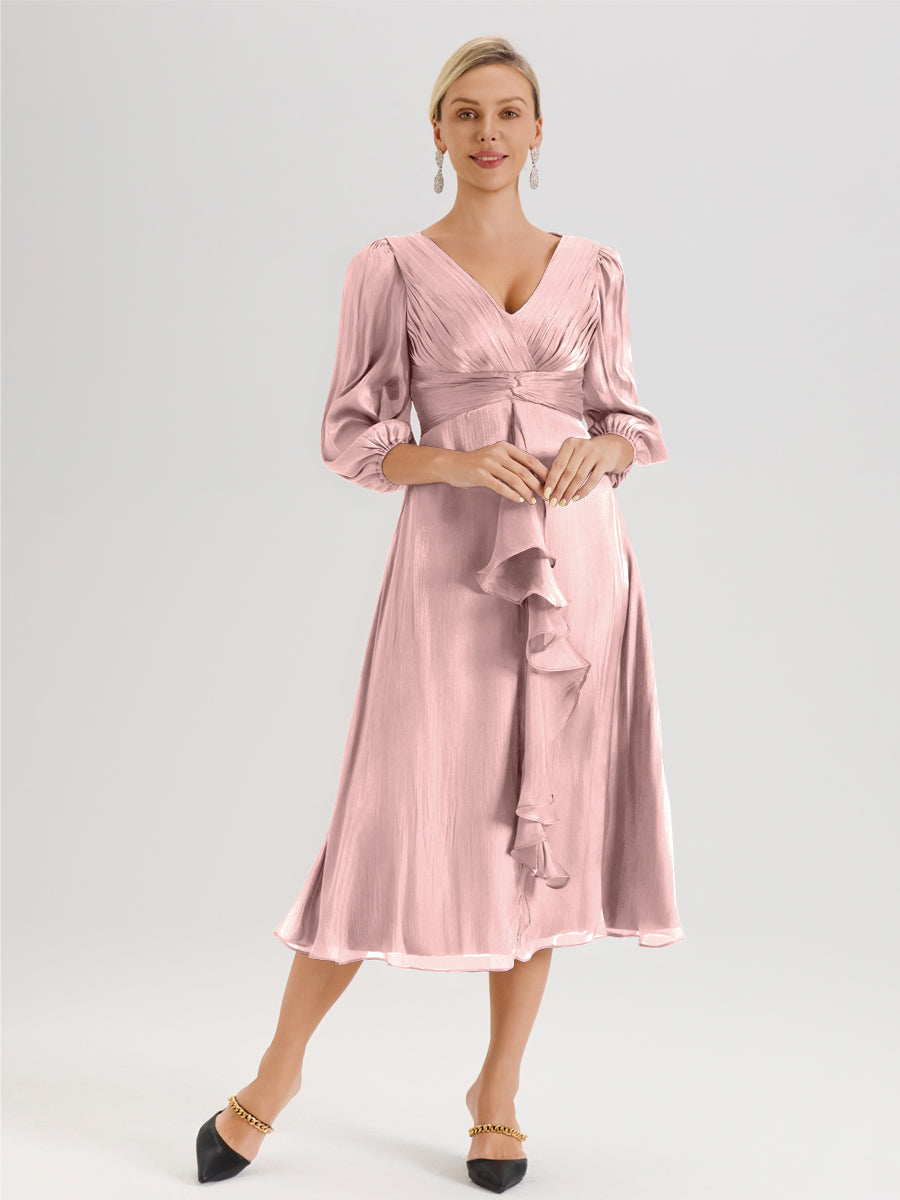 Cicinia Rose Poudré Robe Mère De La Mariée Décolleté En V Manches Trois-Quarts Longueur Mi-Mollet