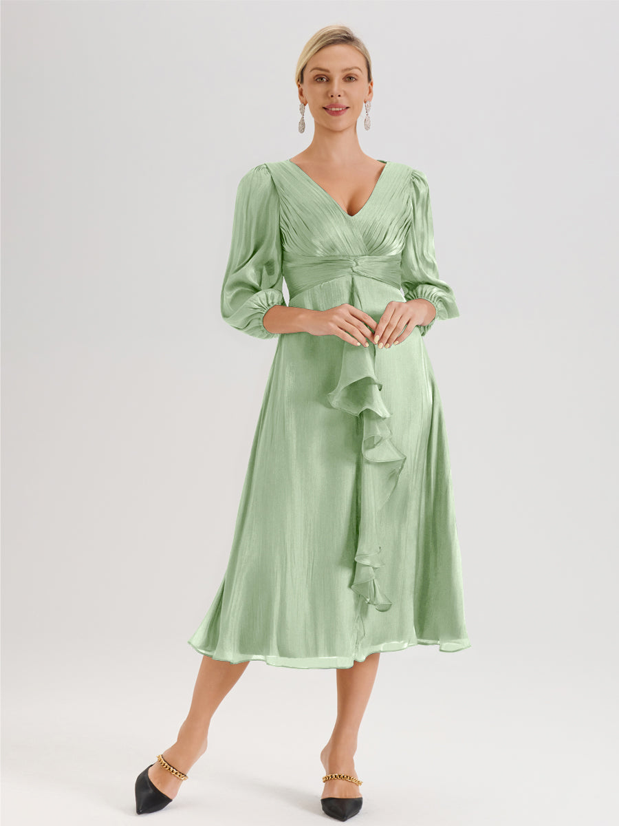 Cicinia Sauge Poudrée Robe Mère De La Mariée Décolleté En V Manches Trois-Quarts Longueur Mi-Mollet