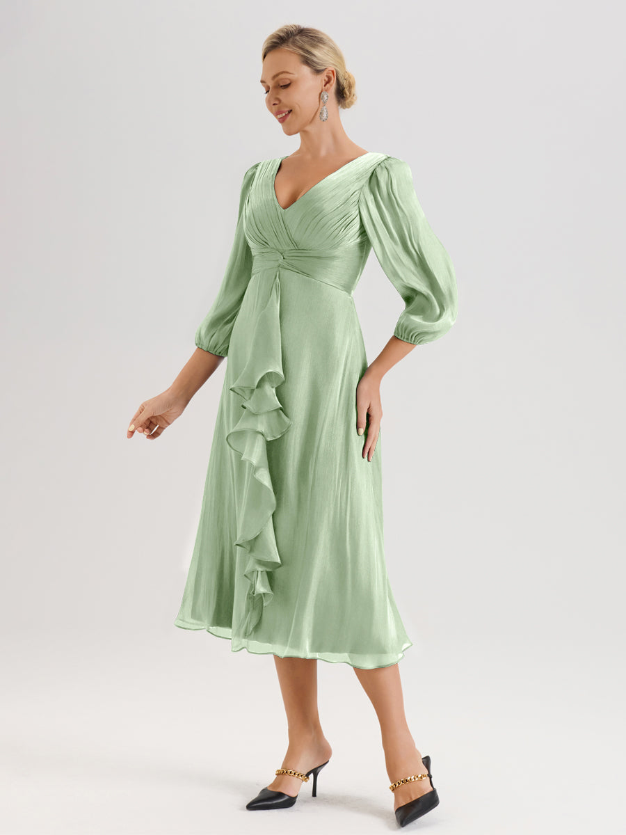 Cicinia Sauge Poudrée Robe Mère De La Mariée Décolleté En V Manches Trois-Quarts Longueur Mi-Mollet