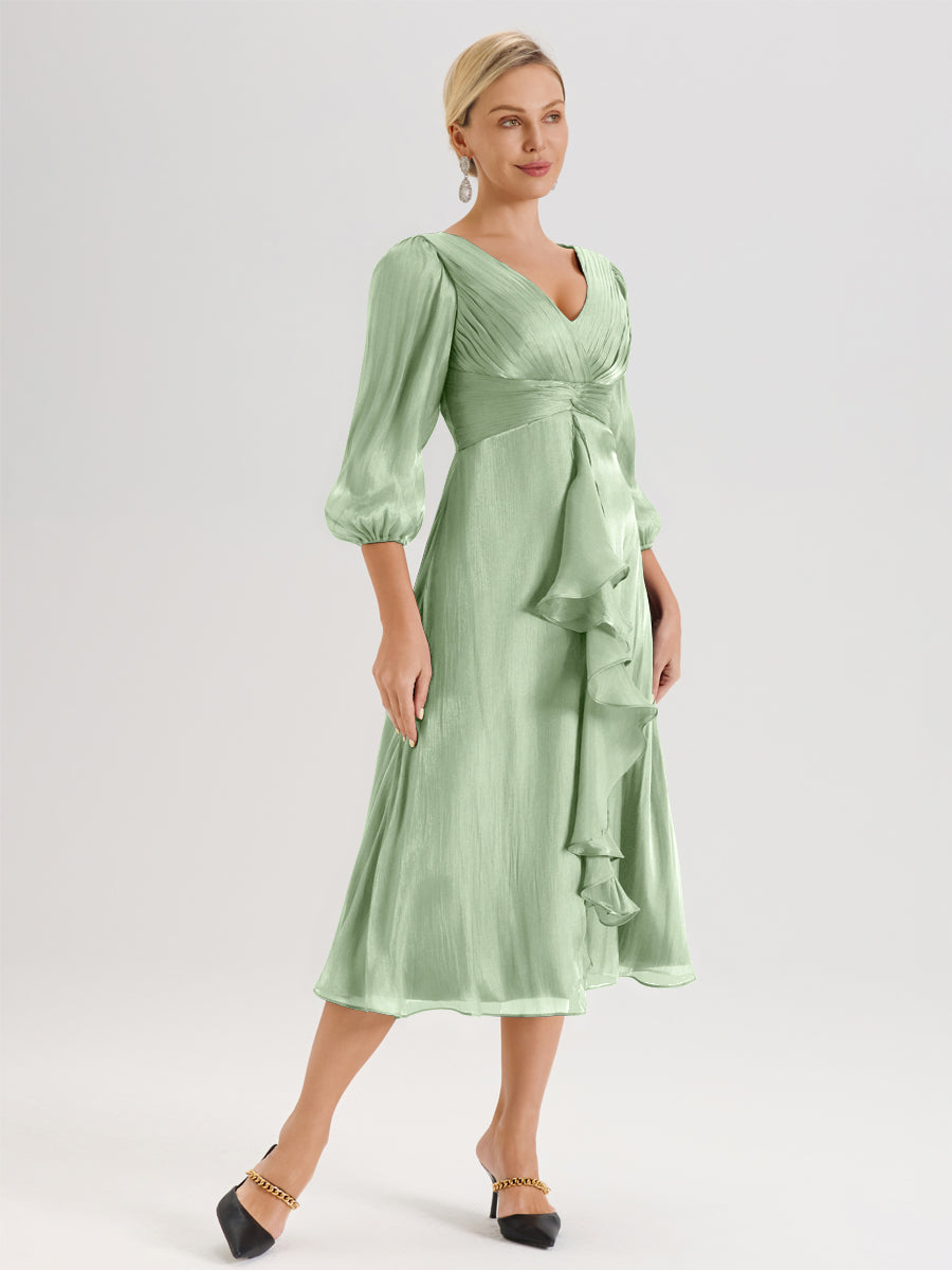 Cicinia Sauge Poudrée Robe Mère De La Mariée Décolleté En V Manches Trois-Quarts Longueur Mi-Mollet