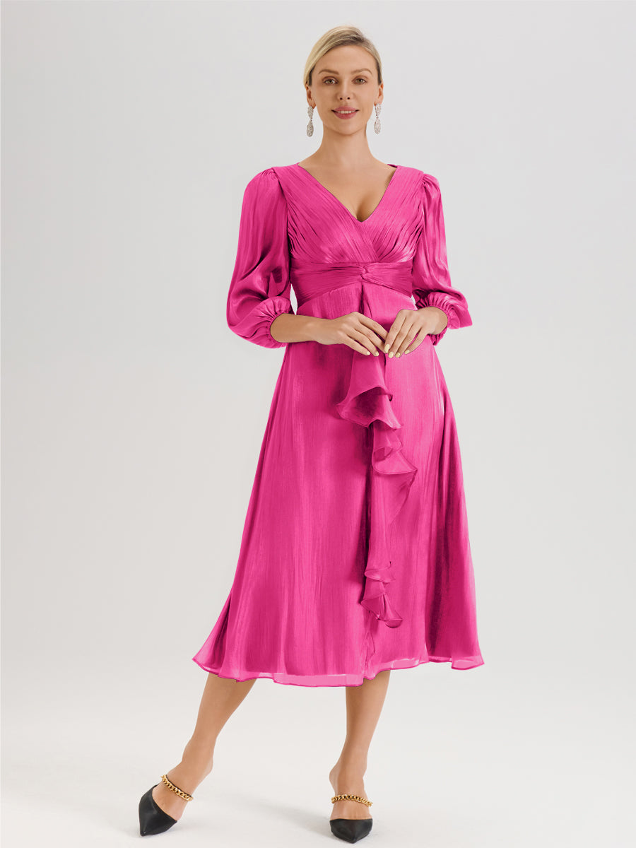 Cicinia Fuchsia Robe Mère De La Mariée Décolleté En V Manches Trois-Quarts Longueur Mi-Mollet