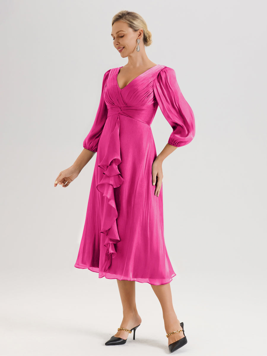 Cicinia Fuchsia Robe Mère De La Mariée Décolleté En V Manches Trois-Quarts Longueur Mi-Mollet