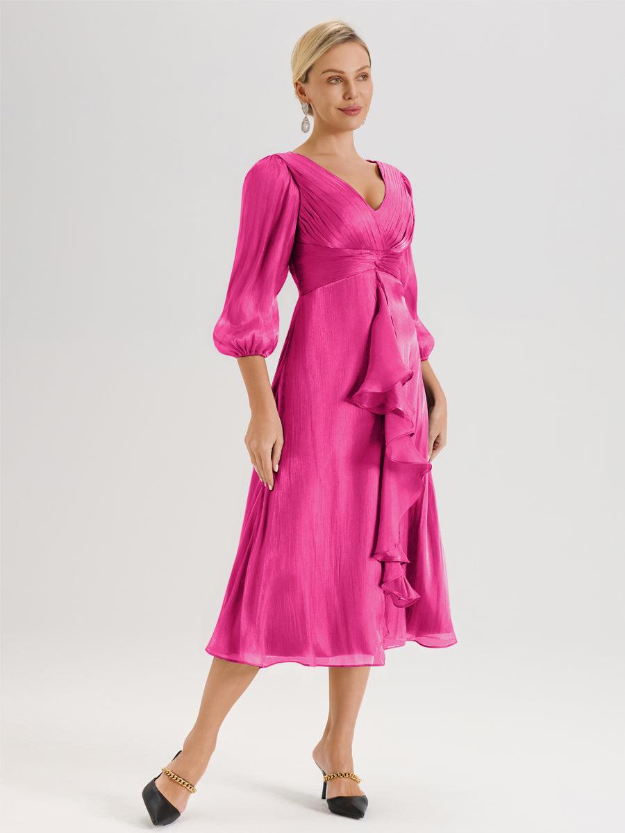 Cicinia Fuchsia Robe Mère De La Mariée Décolleté En V Manches Trois-Quarts Longueur Mi-Mollet