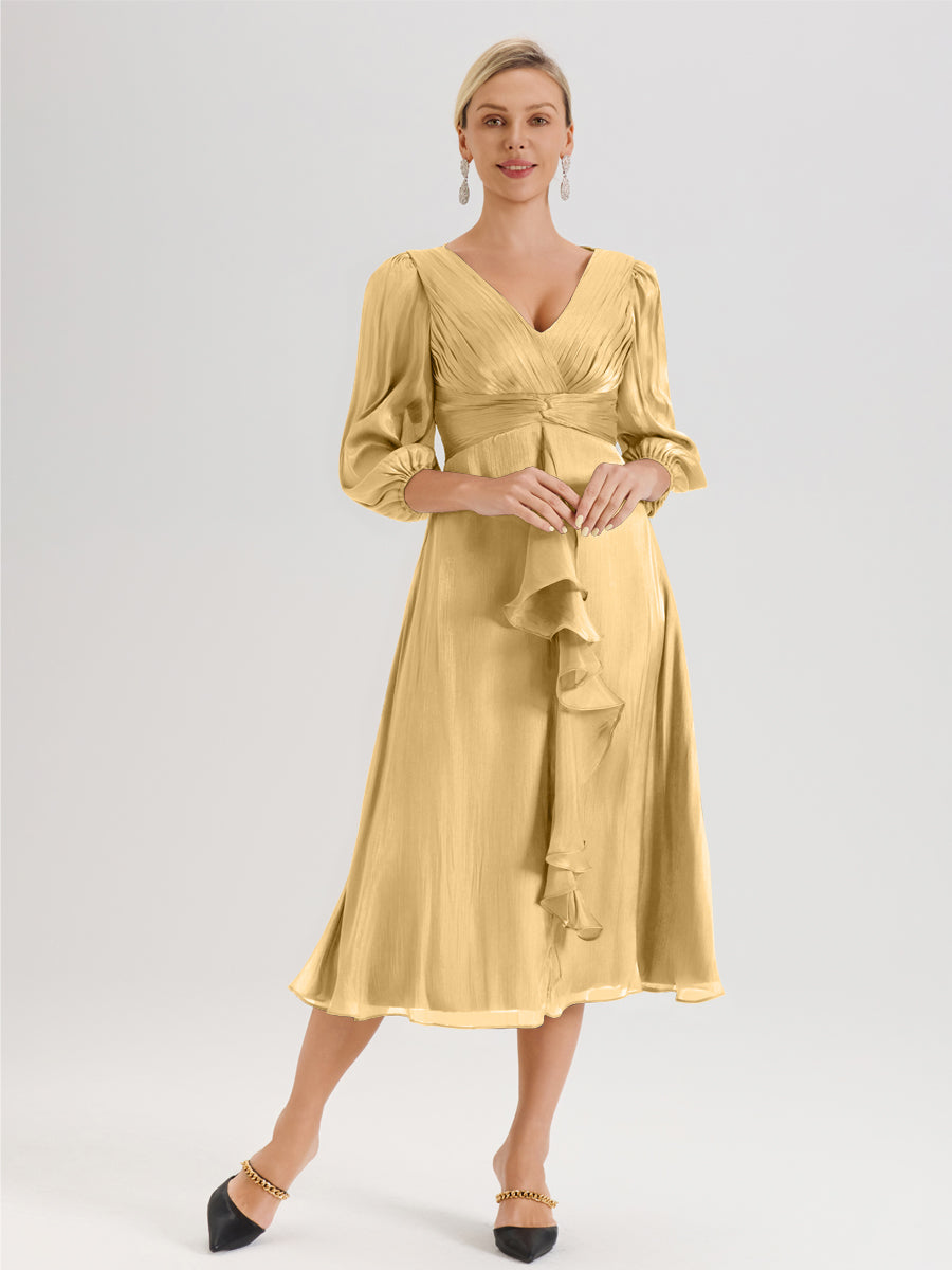 Cicinia Or Robe Mère De La Mariée Décolleté En V Manches Trois-Quarts Longueur Mi-Mollet