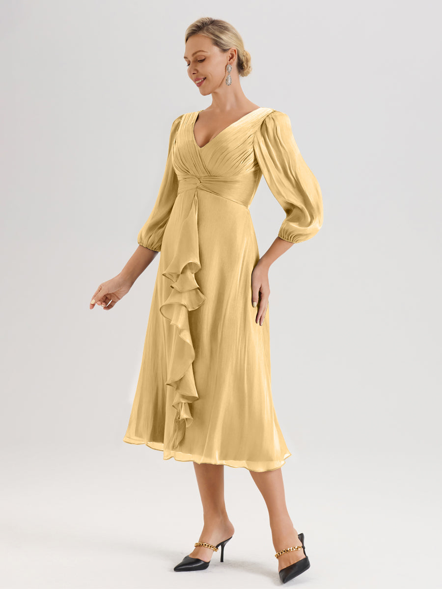 Cicinia Or Robe Mère De La Mariée Décolleté En V Manches Trois-Quarts Longueur Mi-Mollet