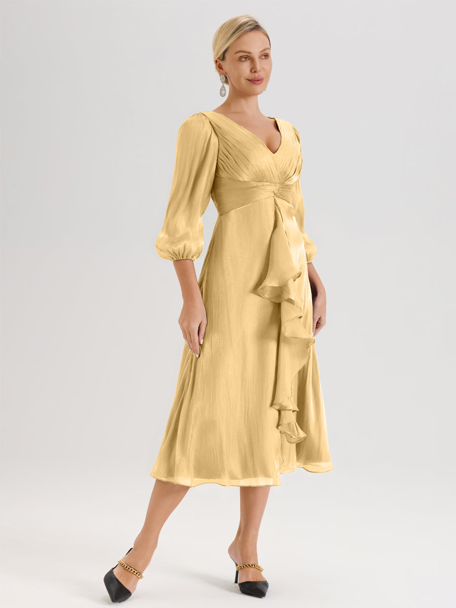 Cicinia Or Robe Mère De La Mariée Décolleté En V Manches Trois-Quarts Longueur Mi-Mollet