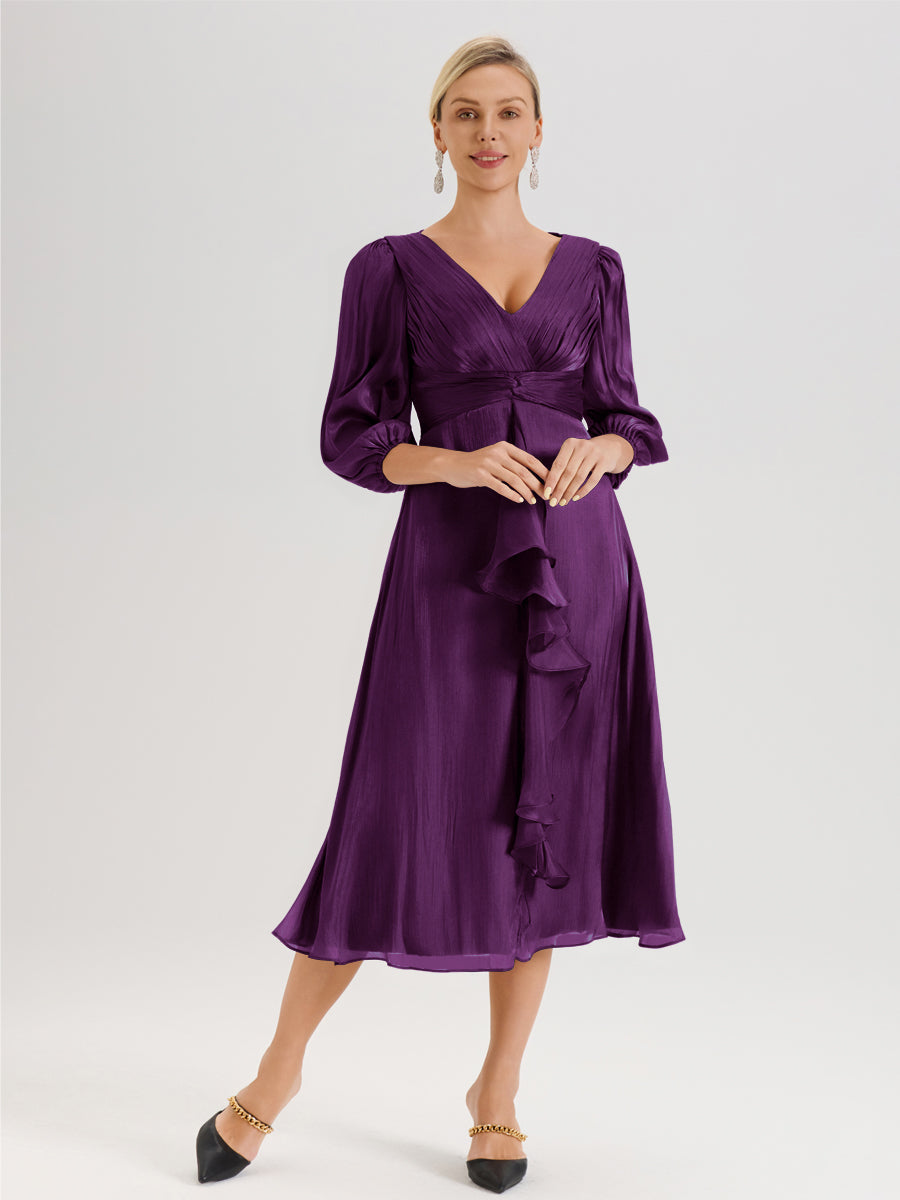 Cicinia Raisin Robe Mère De La Mariée Décolleté En V Manches Trois-Quarts Longueur Mi-Mollet