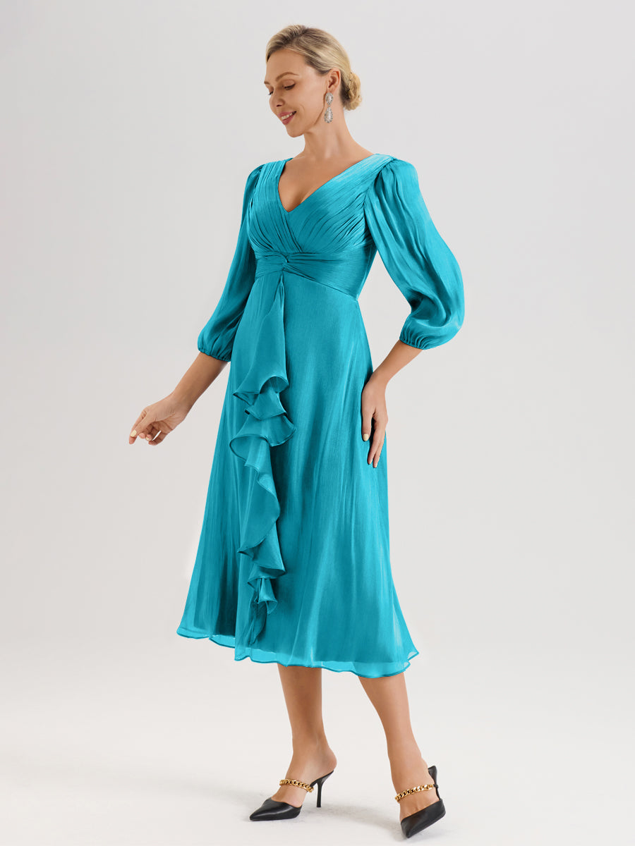 Cicinia Jade Robe Mère De La Mariée Décolleté En V Manches Trois-Quarts Longueur Mi-Mollet