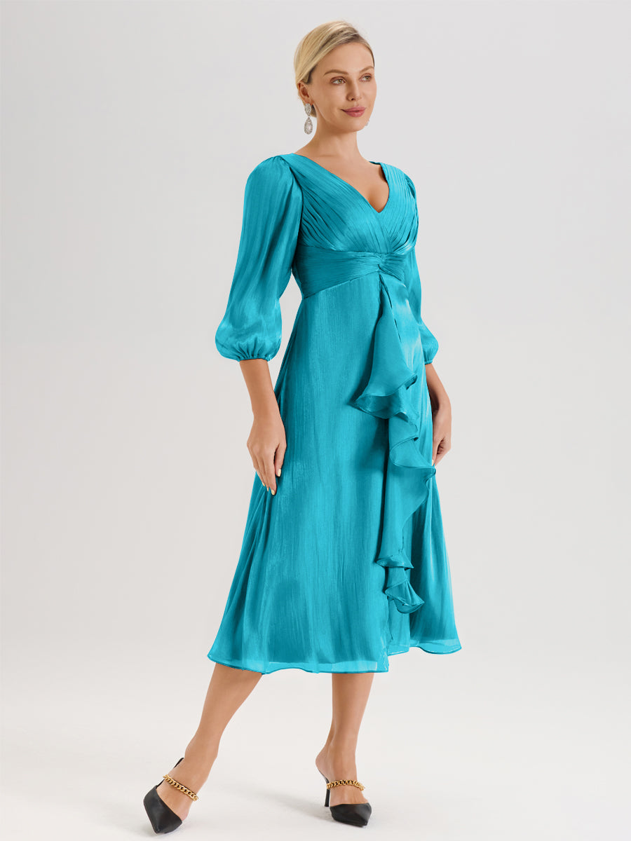 Cicinia Jade Robe Mère De La Mariée Décolleté En V Manches Trois-Quarts Longueur Mi-Mollet