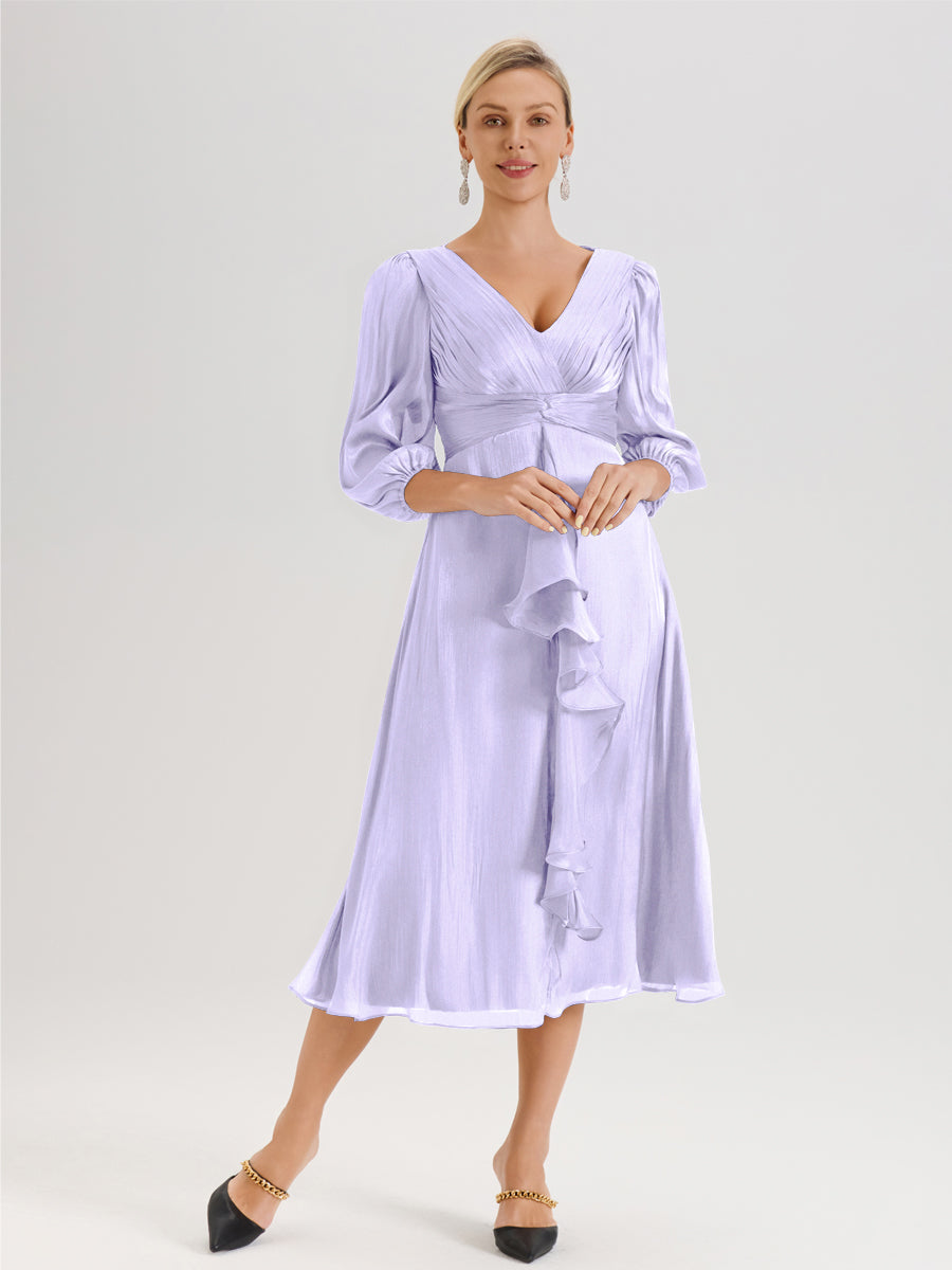 Cicinia Lilas Robe Mère De La Mariée Décolleté En V Manches Trois-Quarts Longueur Mi-Mollet