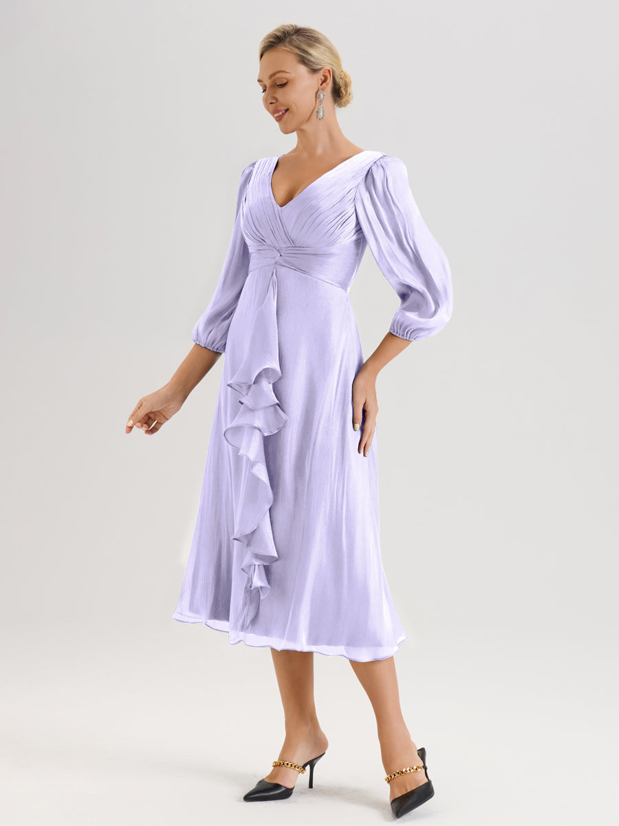 Cicinia Lilas Robe Mère De La Mariée Décolleté En V Manches Trois-Quarts Longueur Mi-Mollet