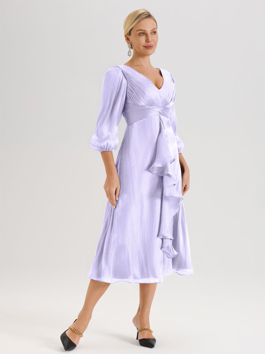 Cicinia Lilas Robe Mère De La Mariée Décolleté En V Manches Trois-Quarts Longueur Mi-Mollet