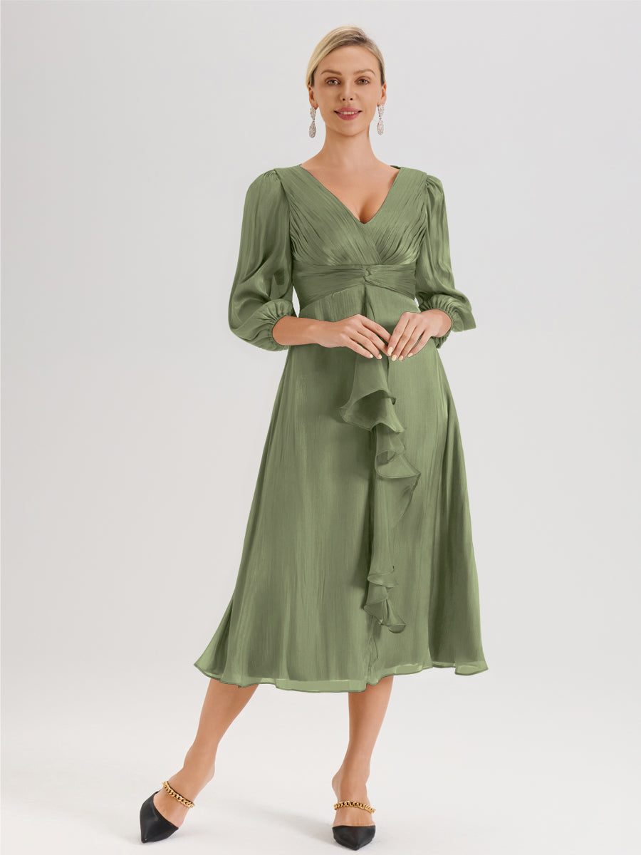Cicinia Vert Olive Robe Mère De La Mariée Décolleté En V Manches Trois-Quarts Longueur Mi-Mollet