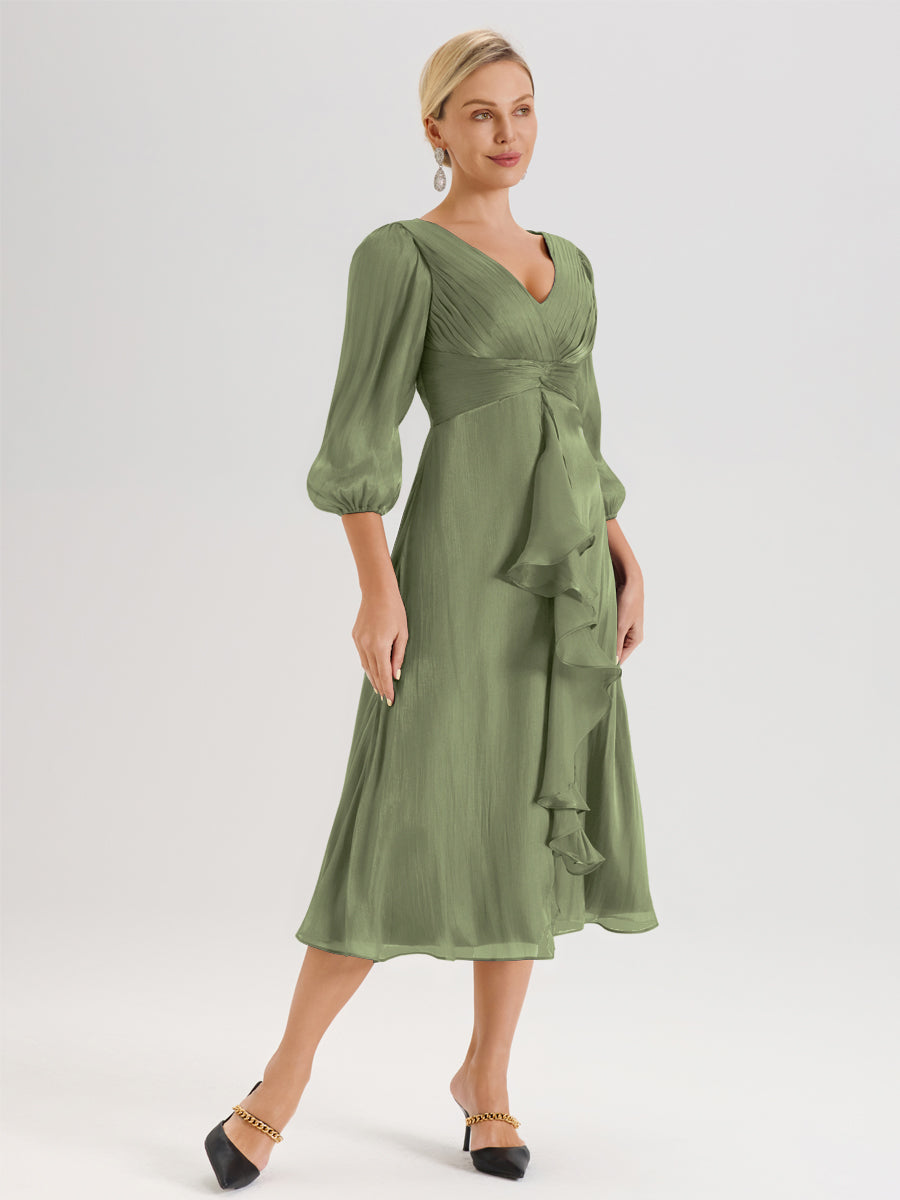 Cicinia Vert Olive Robe Mère De La Mariée Décolleté En V Manches Trois-Quarts Longueur Mi-Mollet