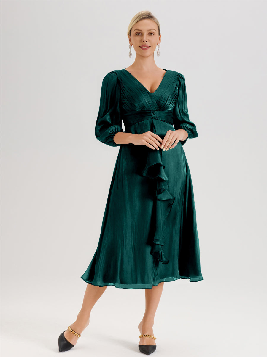 Cicinia Paon Robe Mère De La Mariée Décolleté En V Manches Trois-Quarts Longueur Mi-Mollet