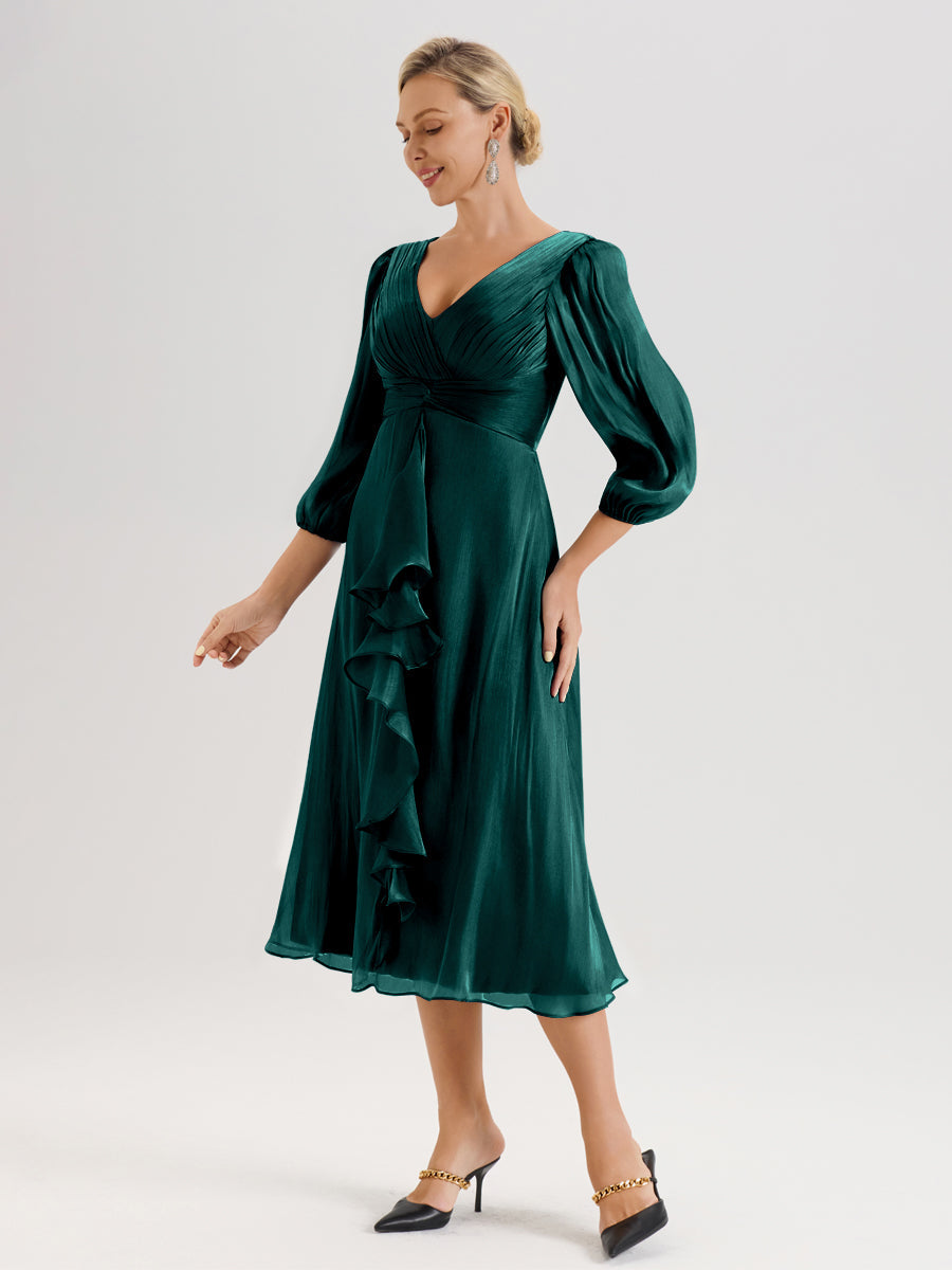 Cicinia Paon Robe Mère De La Mariée Décolleté En V Manches Trois-Quarts Longueur Mi-Mollet