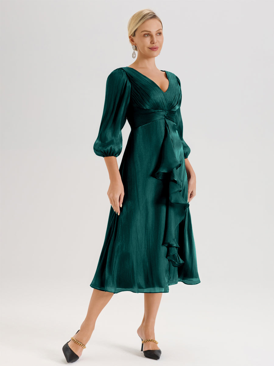 Cicinia Paon Robe Mère De La Mariée Décolleté En V Manches Trois-Quarts Longueur Mi-Mollet