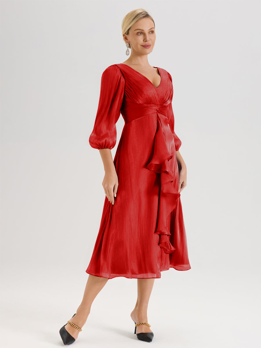 Cicinia Rouge Robe Mère De La Mariée Décolleté En V Manches Trois-Quarts Longueur Mi-Mollet