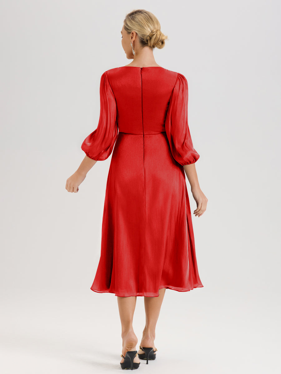 Cicinia Rouge Robe Mère De La Mariée Décolleté En V Manches Trois-Quarts Longueur Mi-Mollet