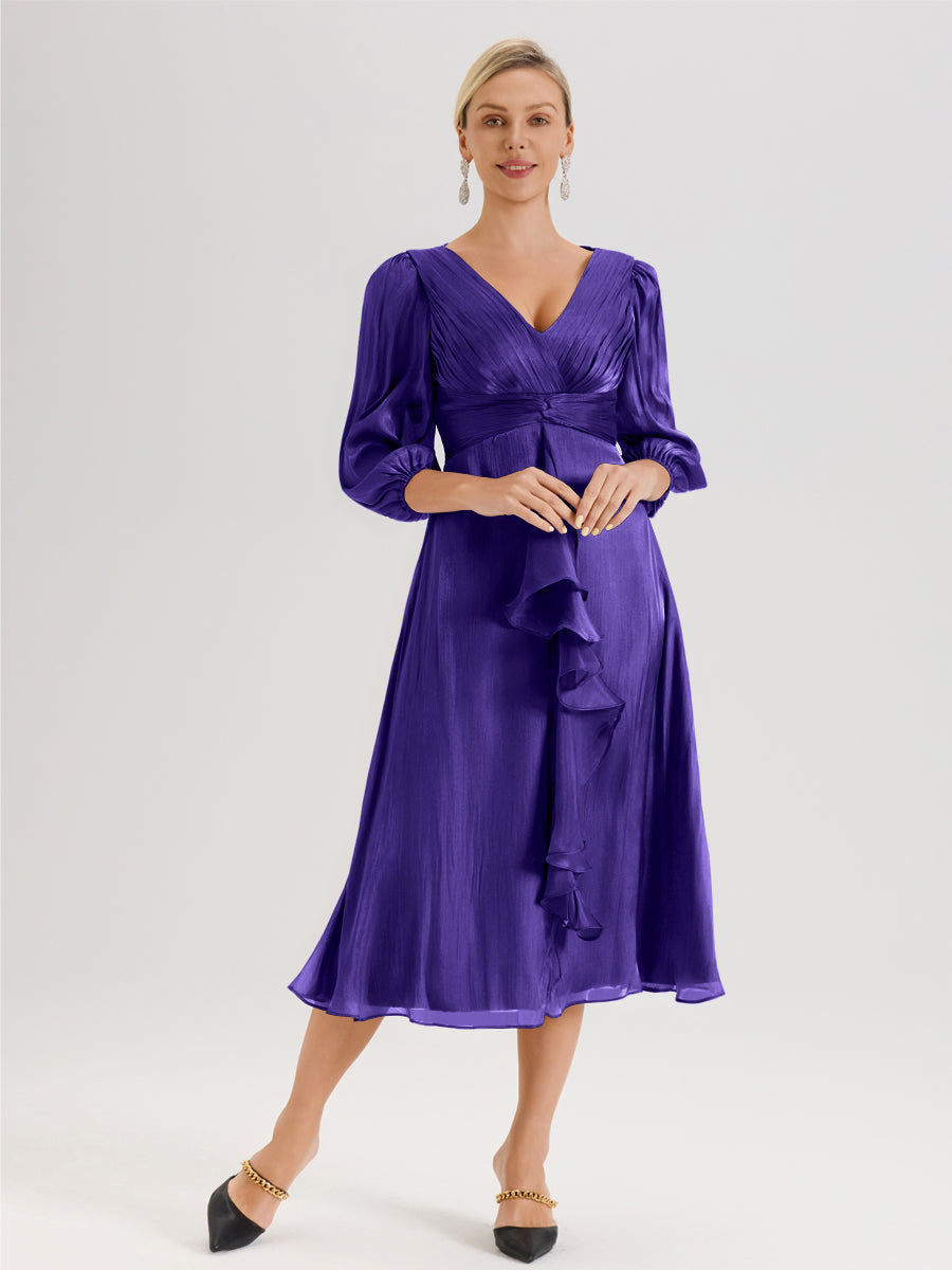 Cicinia Régence Robe Mère De La Mariée Décolleté En V Manches Trois-Quarts Longueur Mi-Mollet