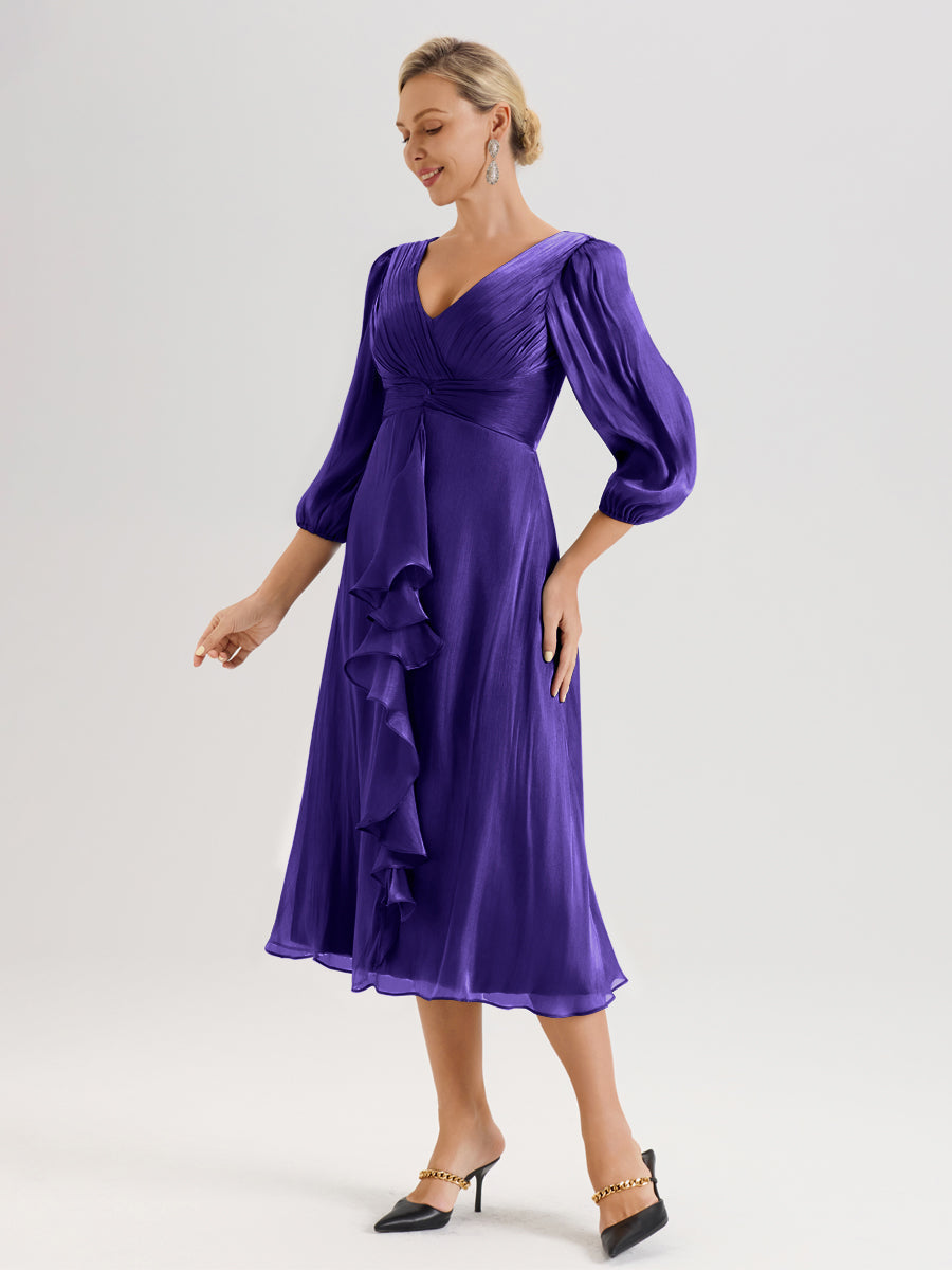 Cicinia Régence Robe Mère De La Mariée Décolleté En V Manches Trois-Quarts Longueur Mi-Mollet