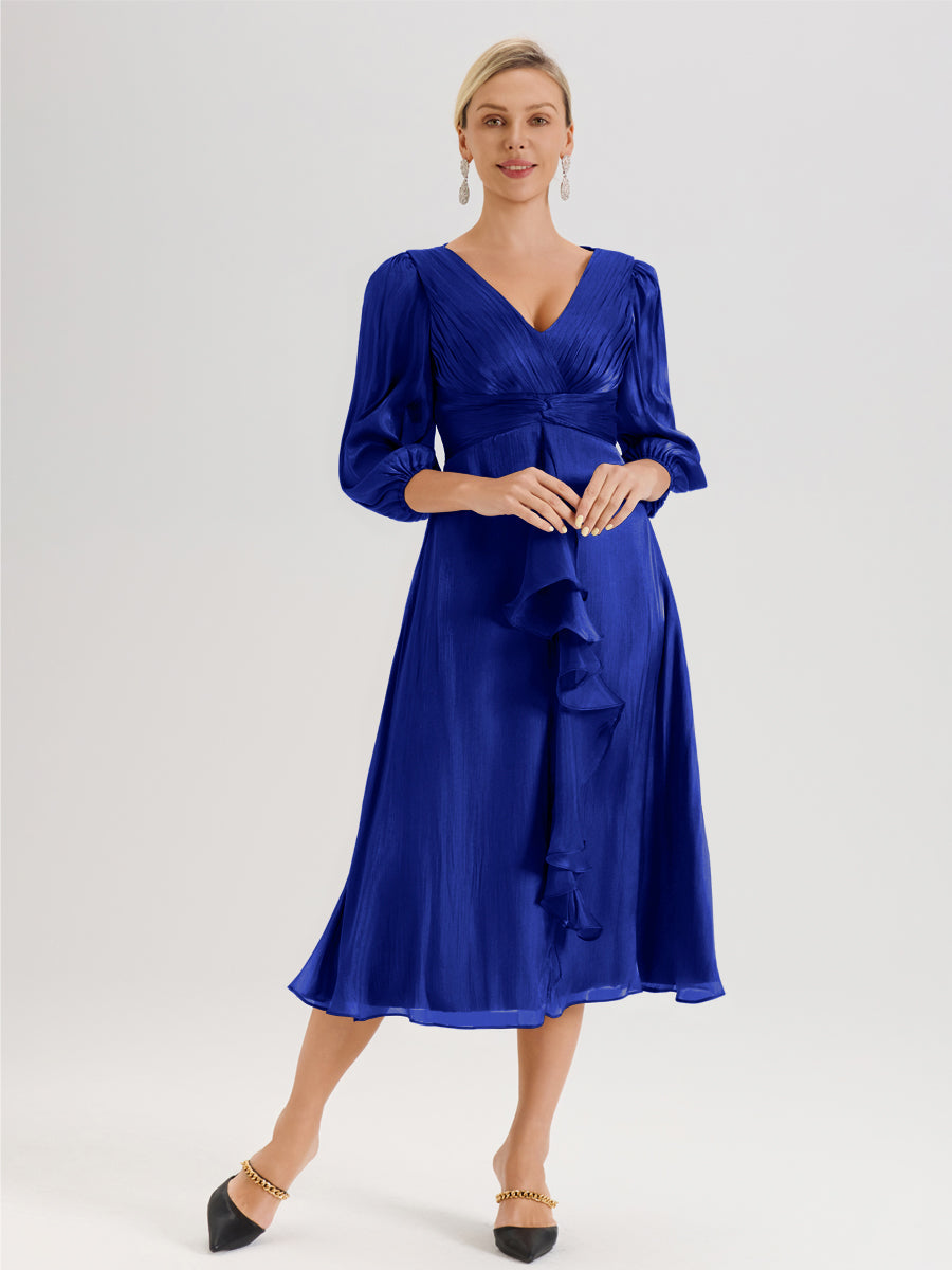 Cicinia Bleu Royale Robe Mère De La Mariée Décolleté En V Manches Trois-Quarts Longueur Mi-Mollet