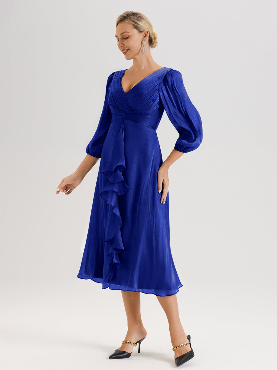 Cicinia Bleu Royale Robe Mère De La Mariée Décolleté En V Manches Trois-Quarts Longueur Mi-Mollet