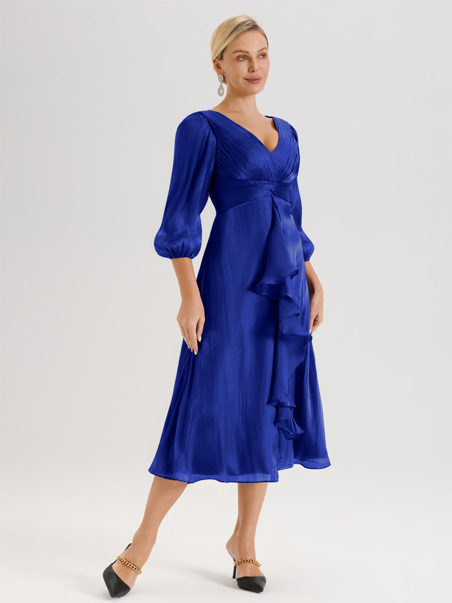 Cicinia Bleu Royale Robe Mère De La Mariée Décolleté En V Manches Trois-Quarts Longueur Mi-Mollet