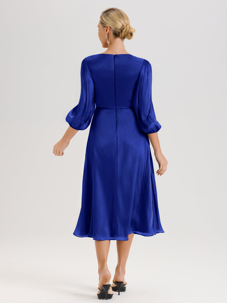 Cicinia Bleu Royale Robe Mère De La Mariée Décolleté En V Manches Trois-Quarts Longueur Mi-Mollet