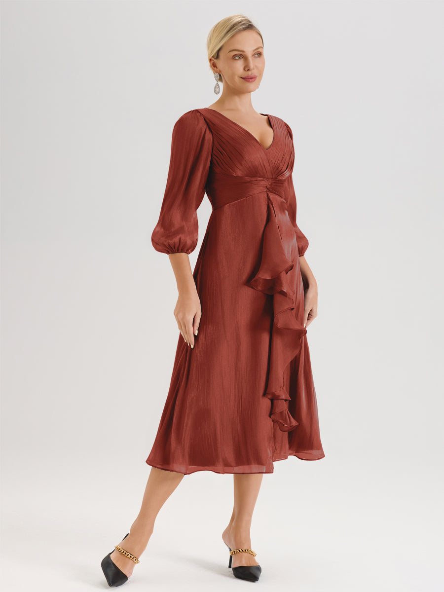 Cicinia Rouille Robe Mère De La Mariée Décolleté En V Manches Trois-Quarts Longueur Mi-Mollet