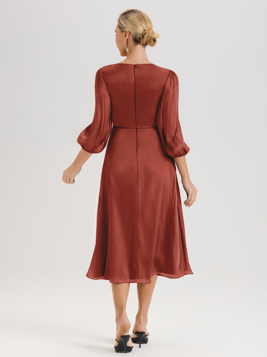 Cicinia Rouille Robe Mère De La Mariée Décolleté En V Manches Trois-Quarts Longueur Mi-Mollet