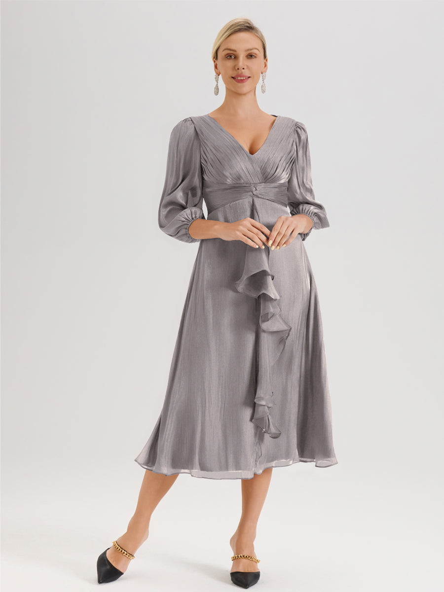 Cicinia Argent Robe Mère De La Mariée Décolleté En V Manches Trois-Quarts Longueur Mi-Mollet