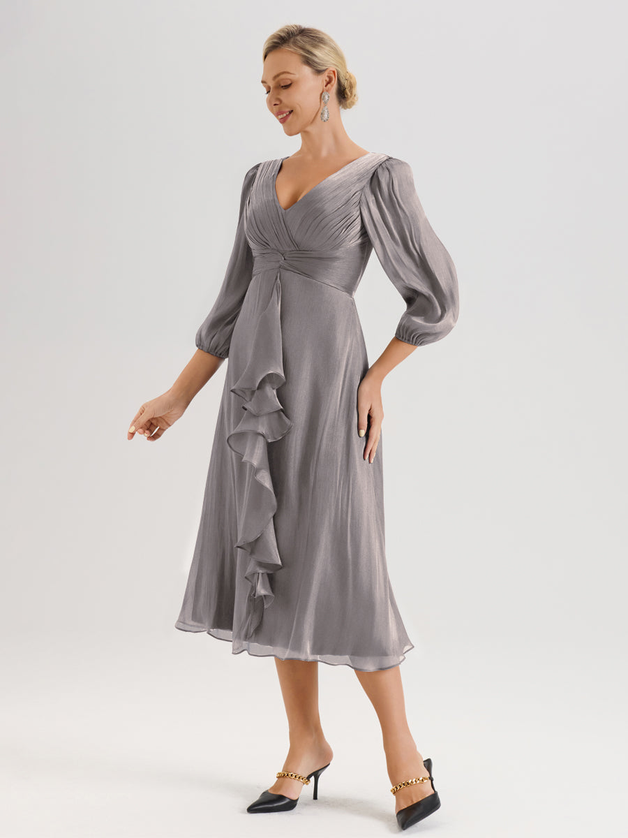 Cicinia Argent Robe Mère De La Mariée Décolleté En V Manches Trois-Quarts Longueur Mi-Mollet