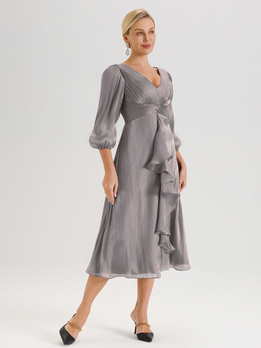 Cicinia Argent Robe Mère De La Mariée Décolleté En V Manches Trois-Quarts Longueur Mi-Mollet