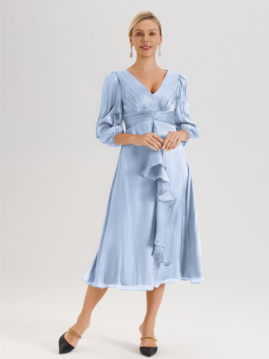 Cicinia Bleu Ciel Robe Mère De La Mariée Décolleté En V Manches Trois-Quarts Longueur Mi-Mollet