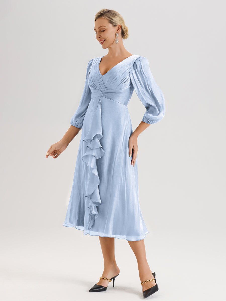 Cicinia Bleu Ciel Robe Mère De La Mariée Décolleté En V Manches Trois-Quarts Longueur Mi-Mollet