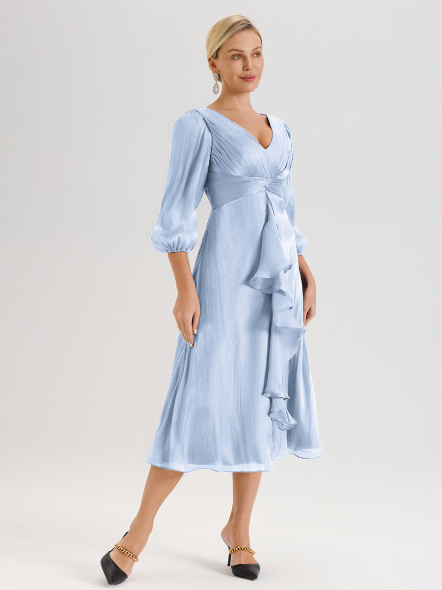 Cicinia Bleu Ciel Robe Mère De La Mariée Décolleté En V Manches Trois-Quarts Longueur Mi-Mollet