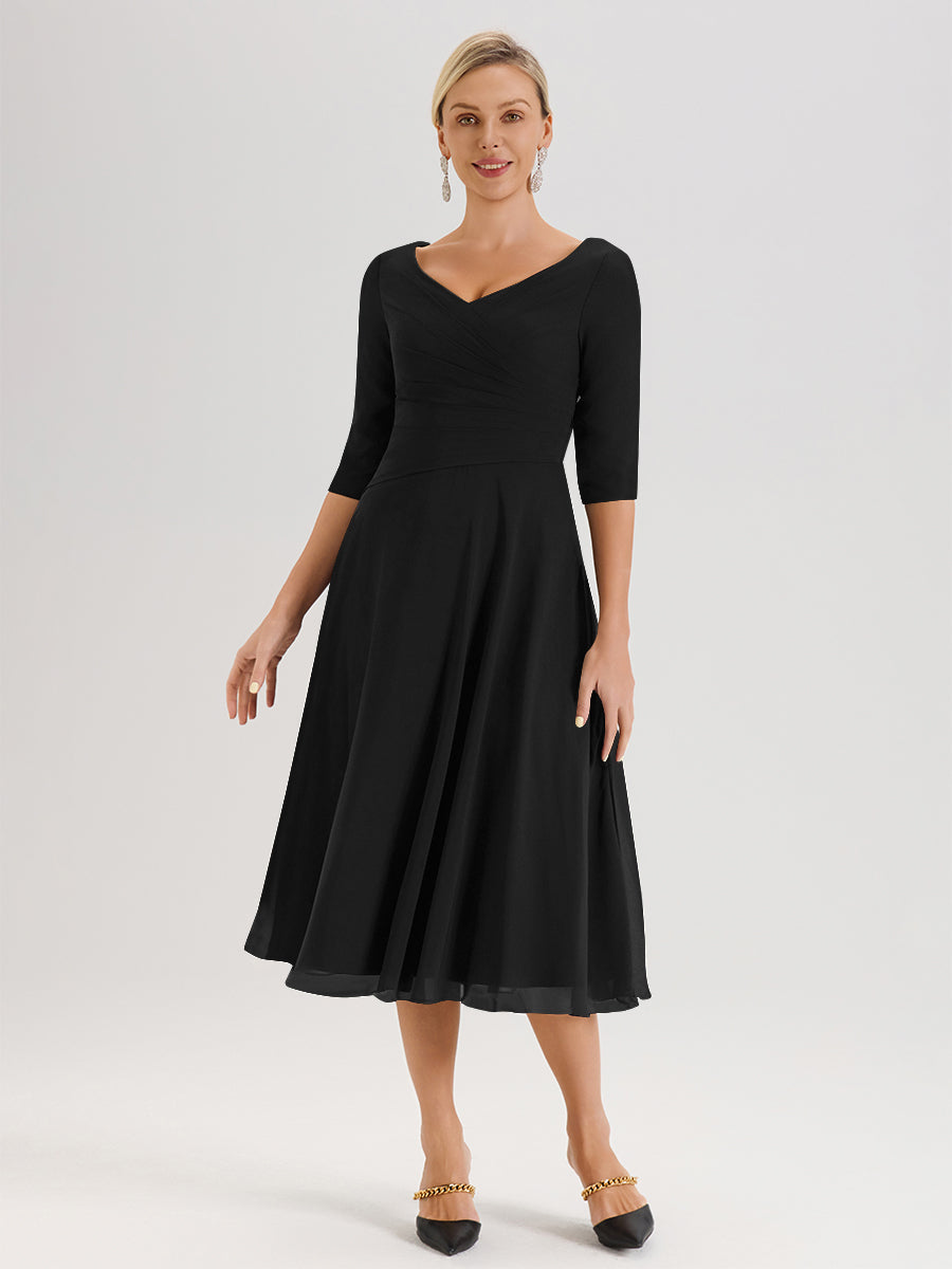 Cicinia Robe Pour Mère De La Mariée en Noir longueur Mi-Mollet Décolleté En V Et Manches 3/4 En Mousseline Trapèze