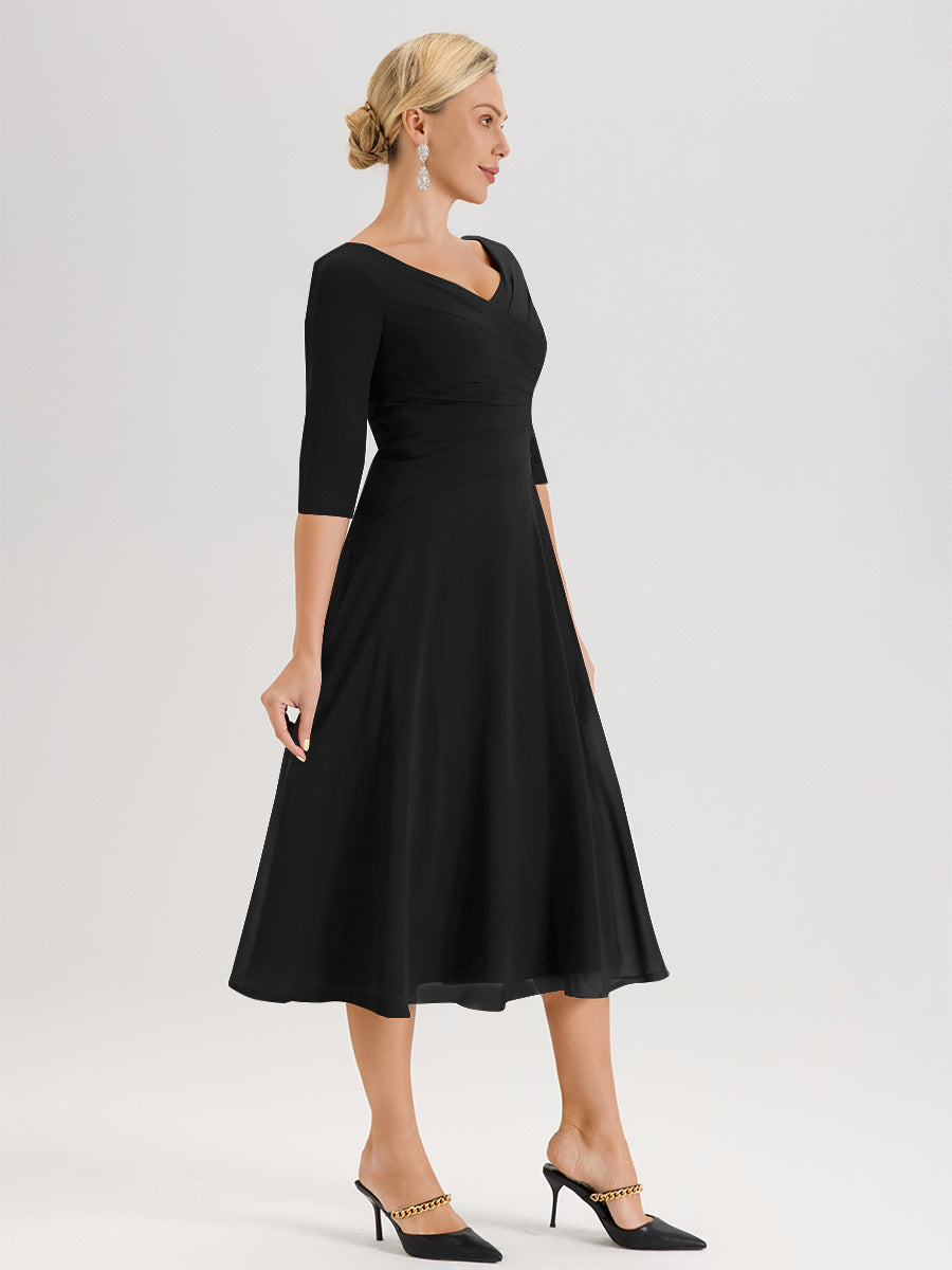 Cicinia Robe Pour Mère De La Mariée en Noir longueur Mi-Mollet Décolleté En V Et Manches 3/4 En Mousseline Trapèze