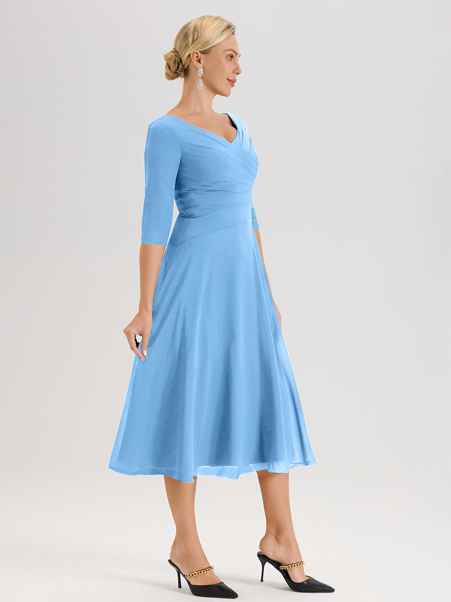 Cicinia Robe Pour Mère De La Mariée Bleu longueur Mi-Mollet Décolleté En V Et Manches 3/4 En Mousseline Trapèze