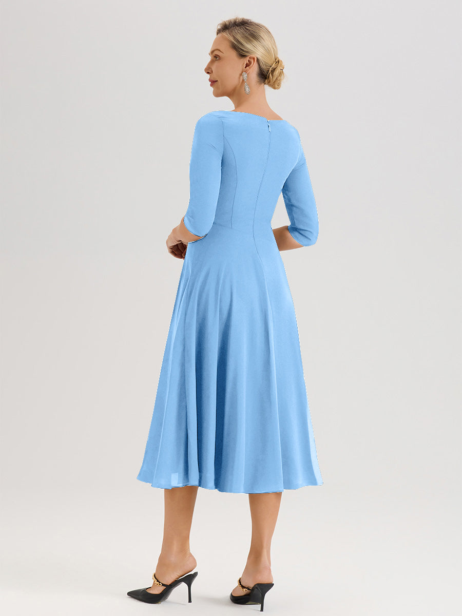 Cicinia Robe Pour Mère De La Mariée Bleu longueur Mi-Mollet Décolleté En V Et Manches 3/4 En Mousseline Trapèze
