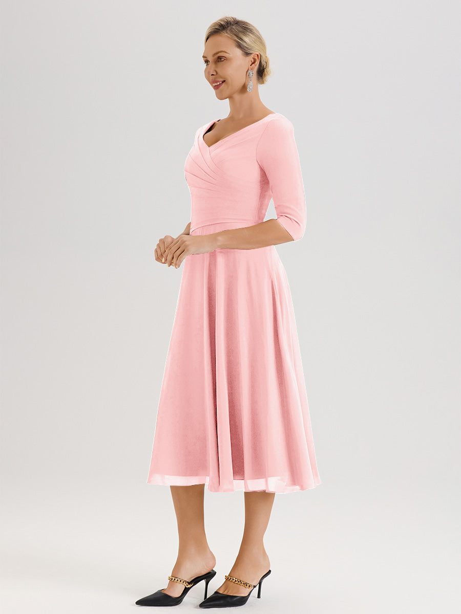 Cicinia Robe Pour Mère De La Mariée En Rose longueur Mi-Mollet Décolleté En V Et Manches 3/4 En Mousseline Trapèze