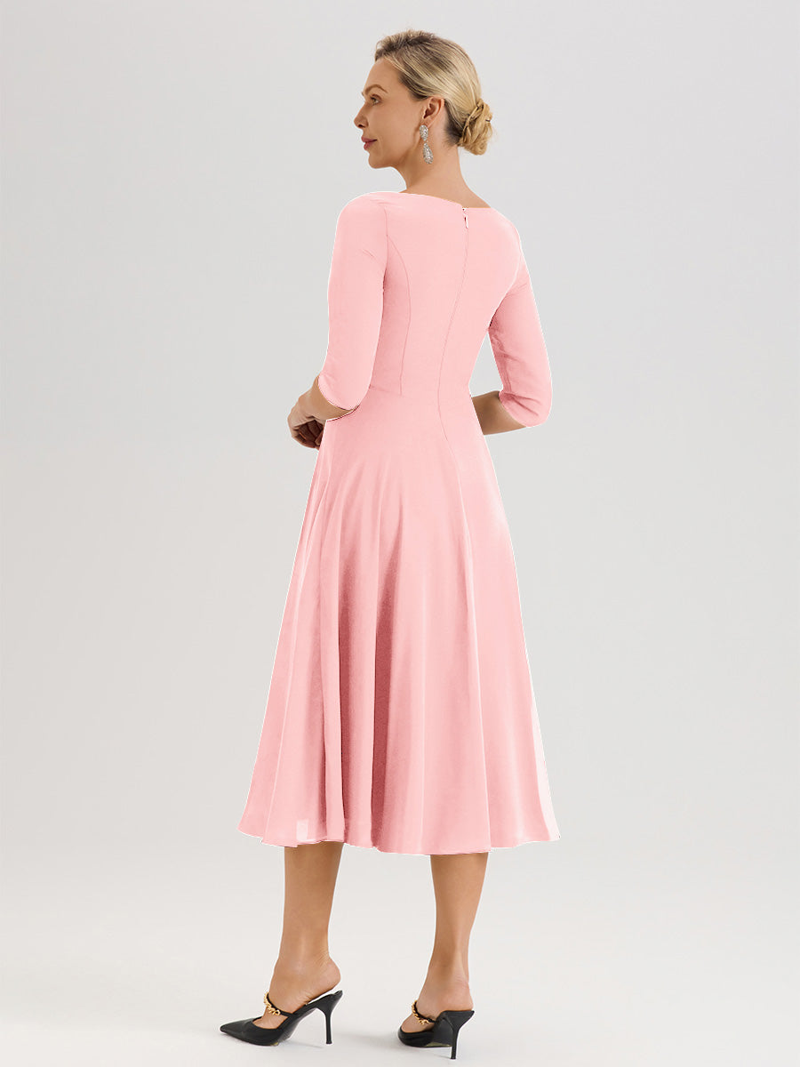 Cicinia Robe Pour Mère De La Mariée En Rose longueur Mi-Mollet Décolleté En V Et Manches 3/4 En Mousseline Trapèze