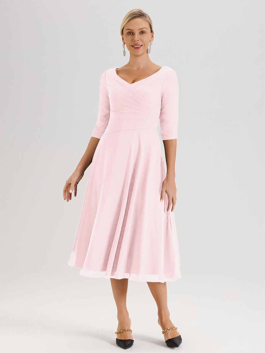 Cicinia Robe Pour Mère De La Mariée Rose Pale longueur Mi-Mollet Décolleté En V Et Manches 3/4 En Mousseline Trapèze