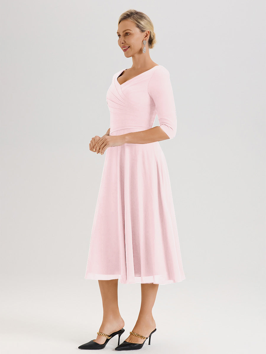 Cicinia Robe Pour Mère De La Mariée Rose Pale longueur Mi-Mollet Décolleté En V Et Manches 3/4 En Mousseline Trapèze