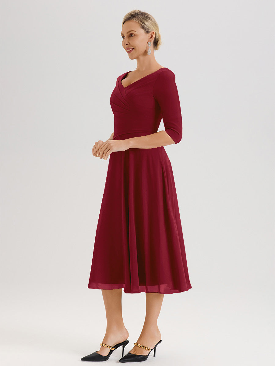 Cicinia Robe Pour Mère De La Mariée Rouge Bordeaux longueur Mi-Mollet Décolleté En V Et Manches 3/4 En Mousseline Trapèze