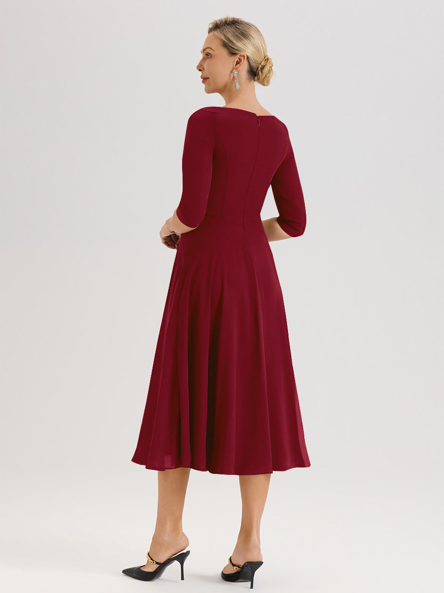 Cicinia Robe Pour Mère De La Mariée Rouge Bordeaux longueur Mi-Mollet Décolleté En V Et Manches 3/4 En Mousseline Trapèze