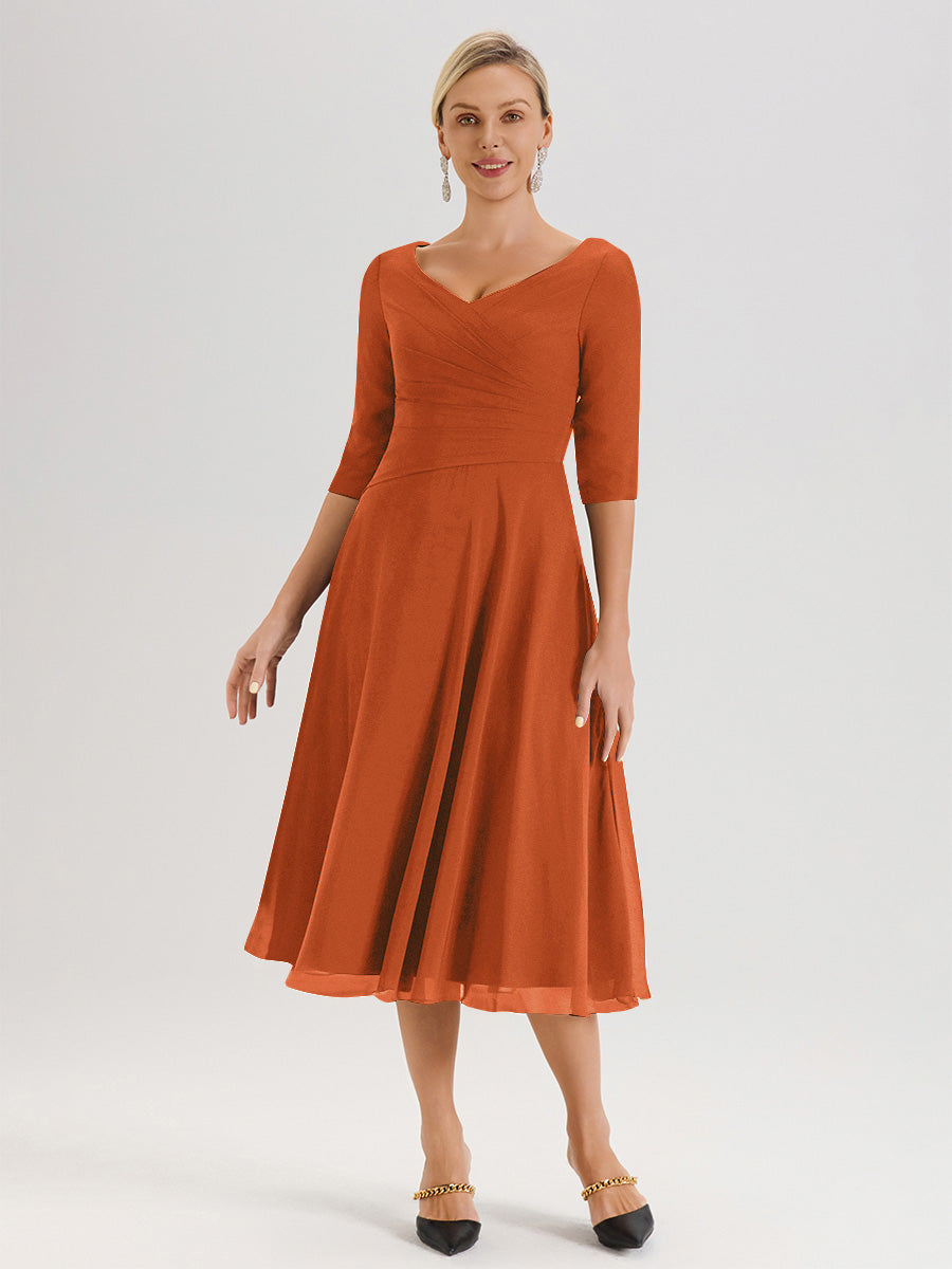Cicinia Robe Pour Mère De La Mariée Orange Foncé longueur Mi-Mollet Décolleté En V Et Manches 3/4 En Mousseline Trapèze