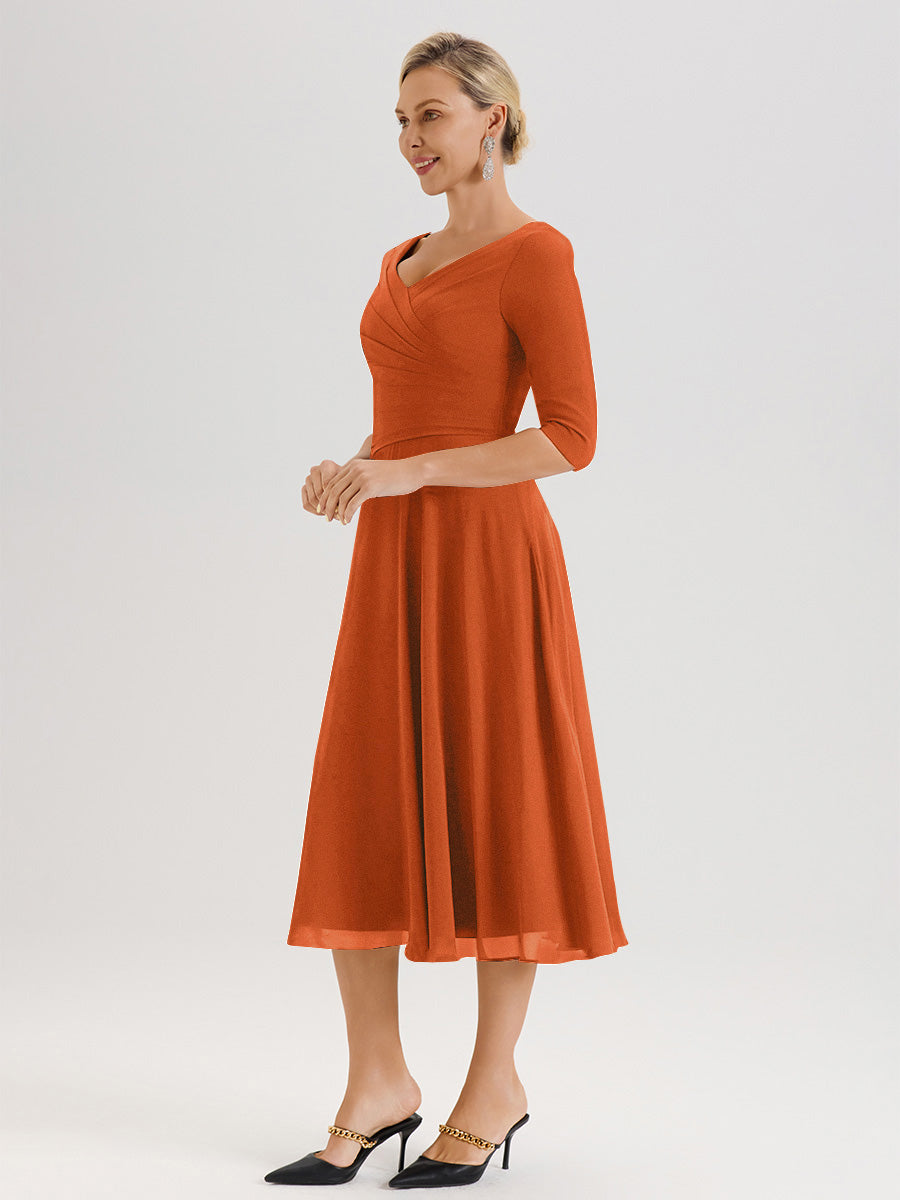 Cicinia Robe Pour Mère De La Mariée Orange Foncé longueur Mi-Mollet Décolleté En V Et Manches 3/4 En Mousseline Trapèze