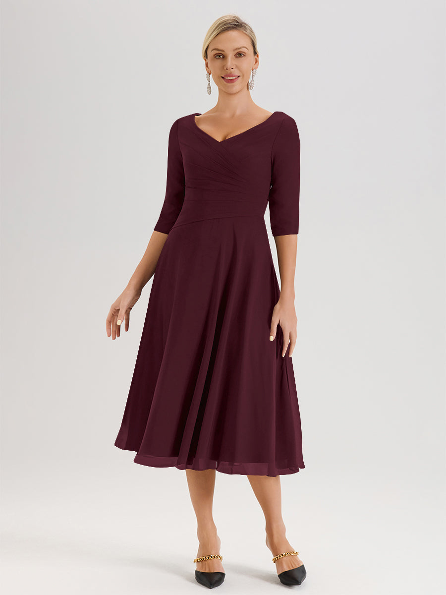 Cicinia Robe Pour Mère De La Mariée Cabernet longueur Mi-Mollet Décolleté En V Et Manches 3/4 En Mousseline Trapèze